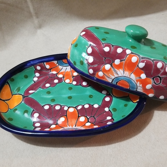 Mexican Pottery Butter Dish, 7.5" Hand Painted - Picture 2 of 4